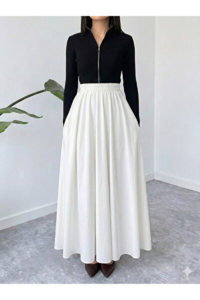 MaxiMor Fusta maxi drapată de culoare neagră pentru femei cu buzunare laterale 4 de tranziție țesătură lacuită lungime 95 cm