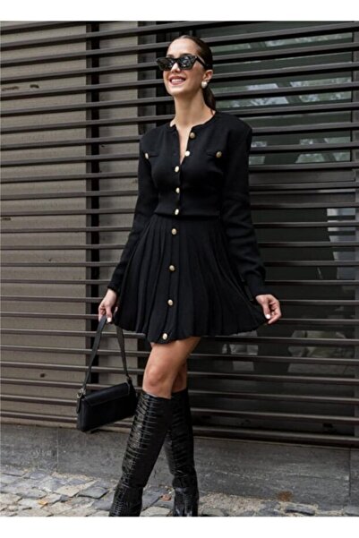 GALAVİP Premiumuyum Soft Textured Buttoned Pleated Skirt Cardigan Knitwear Two-Piece Set Suitable for Sizes Xs-S-M-L -Xl