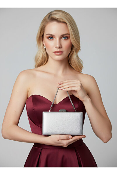 Biçanta Silver Gray Lame Color Matte Anti-Scratch Leather Stone Handle Wedding Engagement Graduation