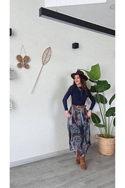 modadagiyim Women's Plaid Patterned Wrinkled Effect Lined Belted Midi Chiffon Skirt