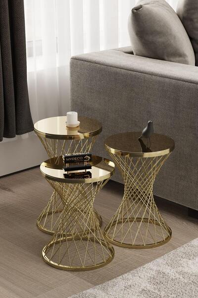 MYDECO Pota Zigon Sehpa Gold Kaplama Bronz Ayna