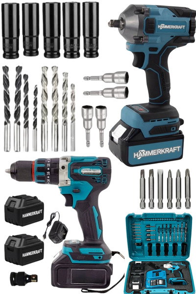 HAMMERKRAFT Profesyonel Çift Akülü 350NmSomun Sıkma veÇelik Mandrenli Darbeli...