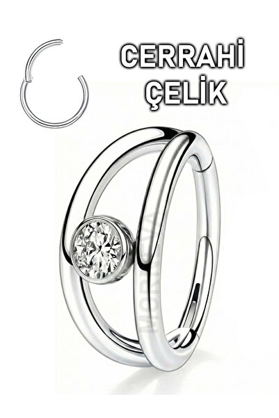 MORNEVA Cerrahi Çelik Tek Delikte İkili Halka Ortası Tek Taş Helix Conch Tragus Piercingi (1 Adet)