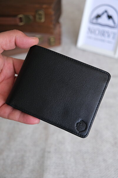 Norvi Leather Aslan Exclusive Printed Leather Wallet - Genuine Leather Wallet with Coin Compartment Shiny Black 1242