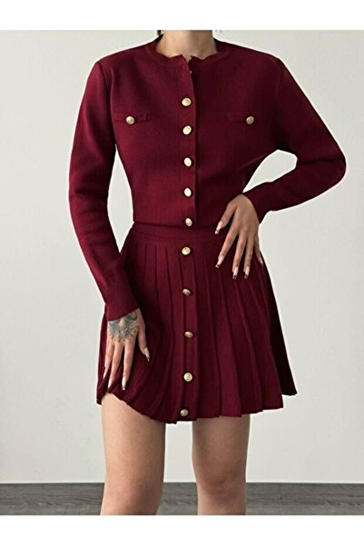 GALAVİP Premium Soft Textured Buttoned Pleated Skirt Cardigan Knitwear Two-Piece Set Suitable for Sizes Xs-S-M-L -Xl