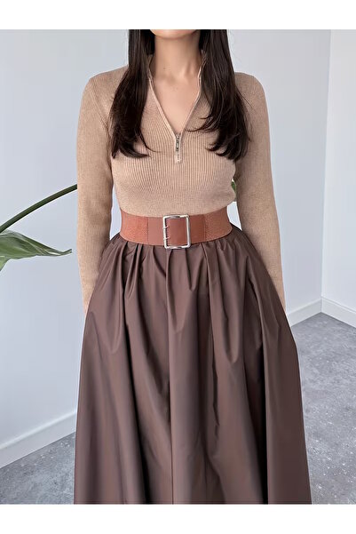 MaxiMor Women's Brown Flowy Maxi Skirt with Side Pockets 4 Transitional Lacquer Fabric Length 95 cm