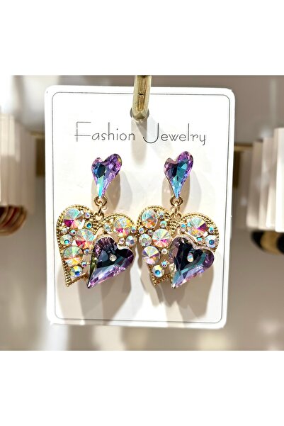 Fashion Jewellery أقراط على شكل قلب متدلية مرصعة بحجر الزركون باللون الأرجواني