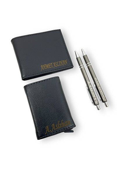 SürLaz 4 Parça Süper Set İsme Özel Erkek Cüzdan İsme Özel Kartlık Ve 2 İsme Ö...