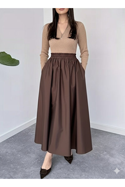 MaxiMor Women's Brown Flowy Maxi Skirt with Side Pockets 4 Transitional Lacquer Fabric Length 95 cm