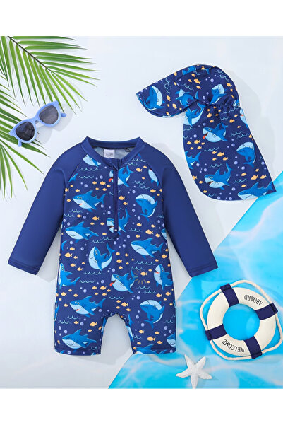 MODA Köpekbalığı desenli uzun kollu bebek mayo ve şapka seti. Esnek, rahat ve...