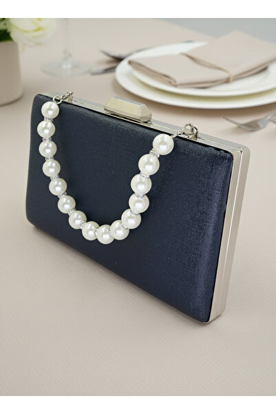 Biçanta Navy Blue Color Matte Anti-Scratch Leather Pearl Detailed Wedding Engagement Graduation