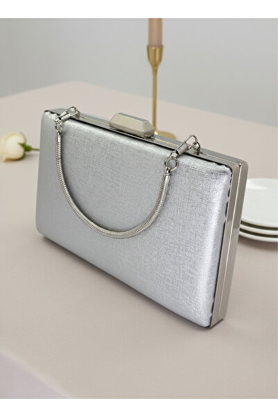 Biçanta Silver Gray Lame Color Metal Handle Matte Anti-Scratch Leather Pearl Wedding Engagement Graduation