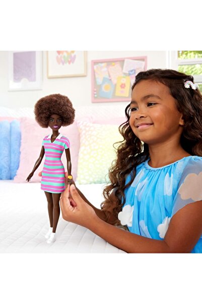 Barbie Fashionistas Doll #247 – Curly Black Hair, Pink & Green Striped Dress (JJN60)