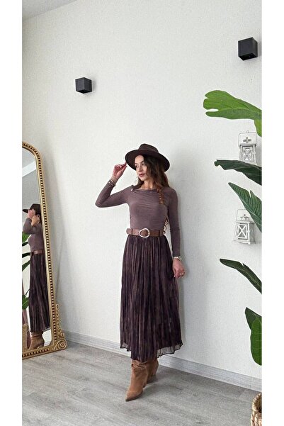 modadagiyim Дамска пола от шифон с кариран десен, набрана ефект, подплатена и с колан