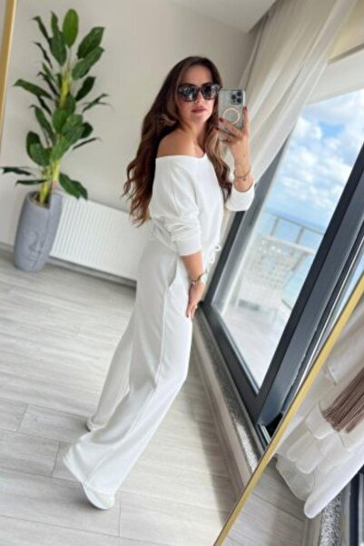 Mossta Off-Shoulder Blouse Waist-Tied Wide-Leg Pants Modal Two-Piece Set - White