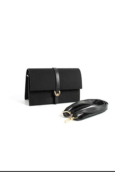 ÖZÜM TAKI Women's Belt Detail Suede Long Strap Shoulder Bag Black