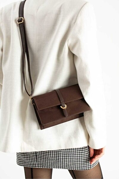 ÖZÜM TAKI Women's Belt Detail Suede Long Strap Shoulder Bag Brown