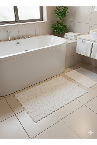 HBNC Kaymaz Tabanlı Banyo Paspası Seti - 80x50 & 50x40 cm Chevron Desen
