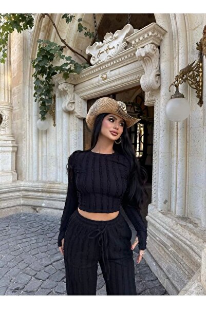 aytenli O-Neck Cropped Top with Elastic Tie-Up Pants with Pockets and Tassels Set