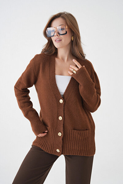 Park Karon Women's V-Neck Button Closure Wool Blend Fleece-Lined Oversized Knitwear Cardigan 8641Sw