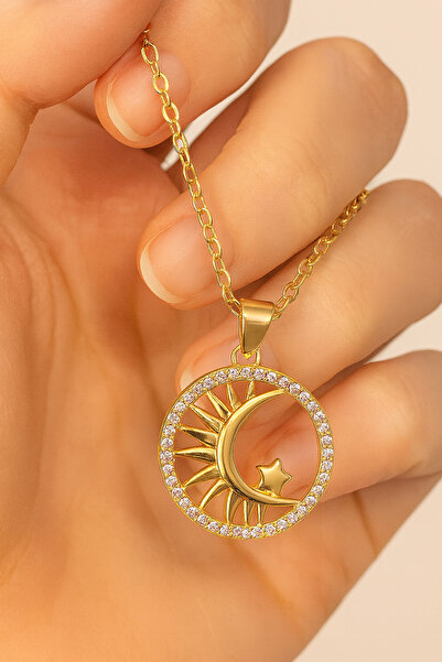 Lanuna Güneş Ay Ve Yıldız Figürlü Zirkon Taşlı Gold Kolye