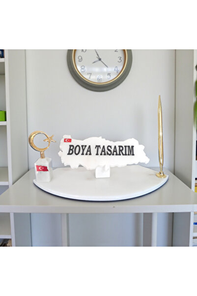 ecay mermer ürünleri Doğal Beyaz Mermer Masa İsimlik Gold Kalem ve Ayyıldız