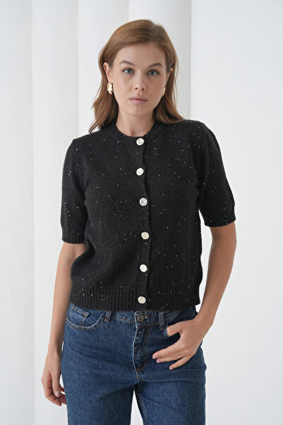 Park Karon Women's Crew Neck Button Closure Wool Blend Glitter Knit Sweater 8643Sw