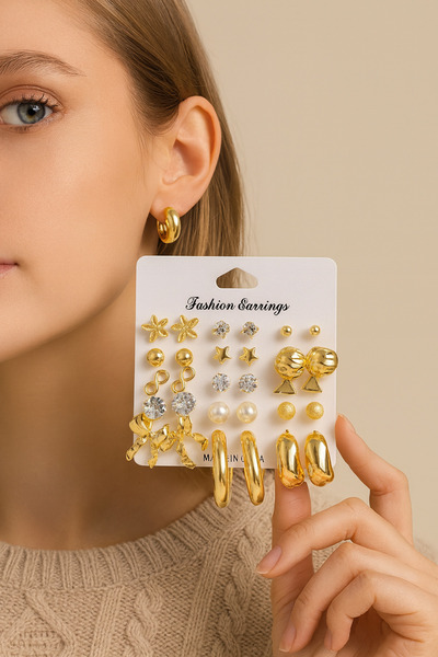 MRK Women's 30-Piece Combination Hoop Earrings Pearl 15 Pairs Set Multiple Earrings