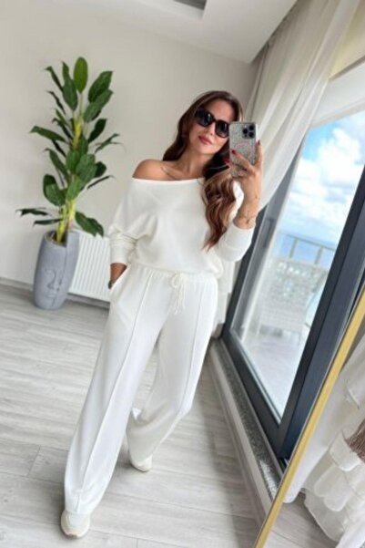 Mossta Off-Shoulder Blouse Waist-Tied Wide-Leg Pants Modal Two-Piece Set - White