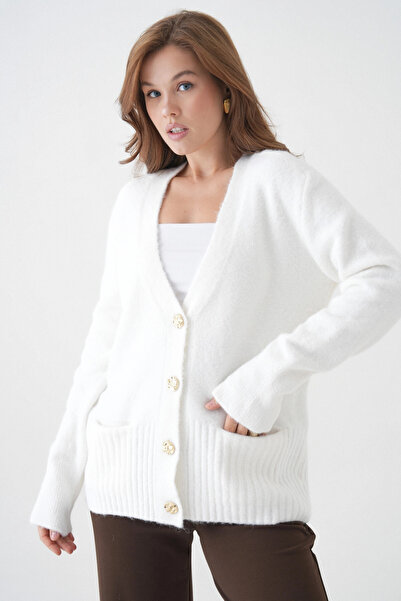 Park Karon Women's V-Neck Button Closure Wool Blend Fleece-Lined Oversized Knitwear Cardigan 8641Sw