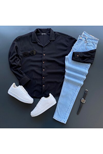 THANBUTİK قماش مجدّل طقم قميص محبوك وبنطلون جينز ضيق