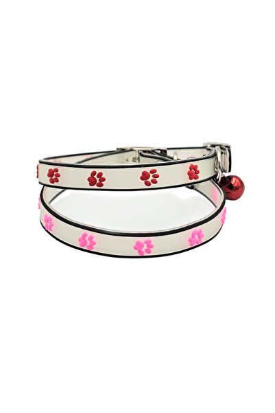 SK9 Set of 2 Cat/small dog collars, 18-25cm, phosphorescent silicone, SK9-Glow, red/pink paws