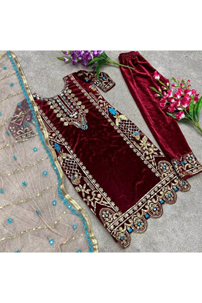 MYSMAR Red Viscose Velvet Kameez Salwar & Dupatta - HRT5520 | Blue