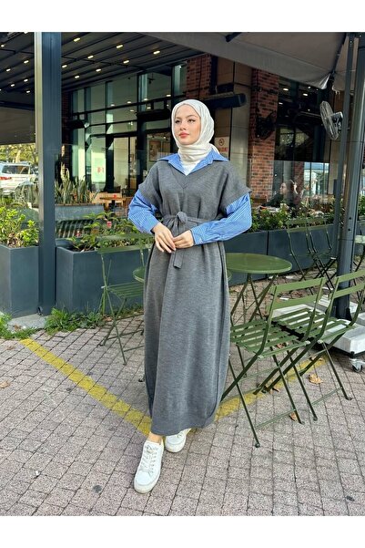 Miraydın Butik Poplin Detailed Knitwear Dress - Anthracite