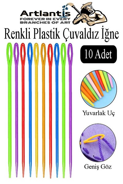 Artlantis Renkli Plastik Çuvaldız Yün İğnesi 24 cm 10 Adet Plastik Dikiş İğne...