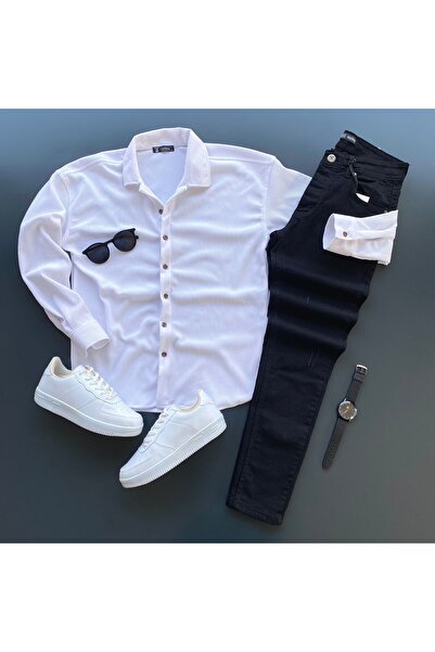 THANBUTİK قماش مجدّل طقم قميص محبوك وبنطلون جينز ضيق