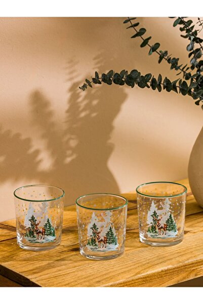 LC Waikiki New Year's Themed Deer Patterned Set of 3 Glass Cups - 380 ml