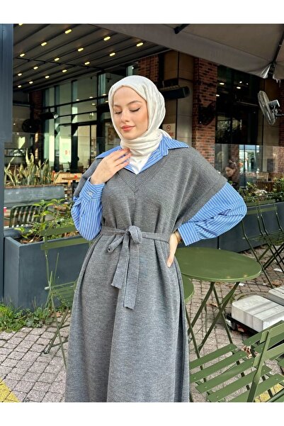 Miraydın Butik Poplin Detailed Knitwear Dress - Anthracite