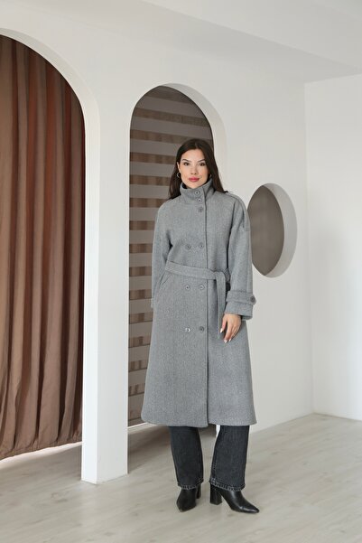 Leo Ferre Gray Herringbone Women's Mock Neck Trendy Cashmere Coat with Epaulettes.1194