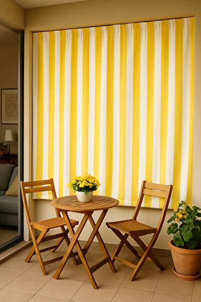 SHY TEKSTİL Sarı Beyaz Kornişli Dış Mekan Branda Balkon Perdesi Bağcıklı Pile...