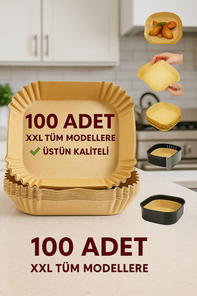 SYN AKSESUAR 100’lü XXL Airfryer Pişirme Kağıdı, Tüm Modellerle Uyumlu Tek Ku...
