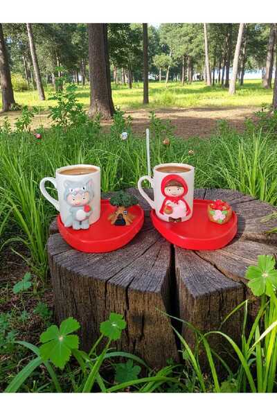 RivelCandle طقم فناجين قهوة مزدوجة بتصميم الفتاة ذات القبعة الحمراء والذئب - ...