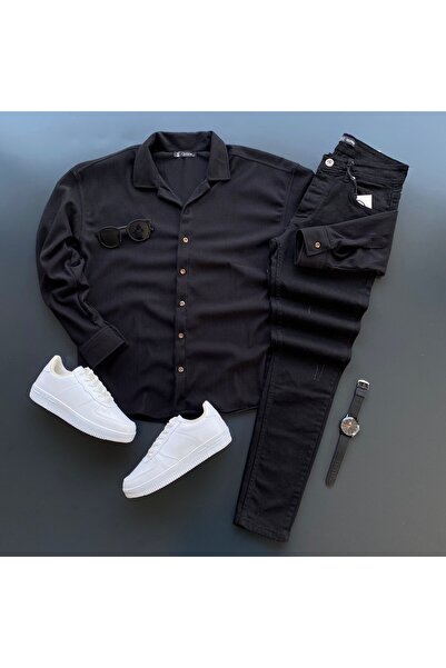 THANBUTİK قماش مجدّل طقم قميص محبوك وبنطلون جينز ضيق