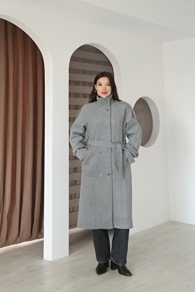 Leo Ferre Gray Herringbone Women's Mock Neck Trendy Cashmere Coat with Epaulettes.1194
