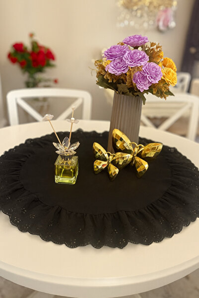 NURGİTA HOME Fırfırlı Fistolu Duck Keten Dekoratif Örtü Siyah (50cm)