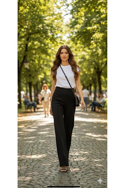 AXXAN Women's Palazzo Pants Length, piped Waist Elasticated Wide Leg Stretchy Trousers 110 cm