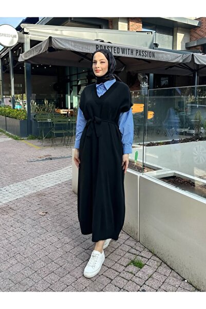 Miraydın Butik Poplin Detailed Knitwear Dress - Black