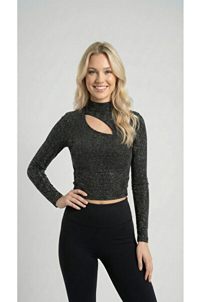 Sibel Günay Butik Bluză ușor transparentă din țesătură argintie cu detaliu de...