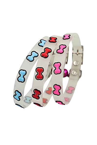 SK9 Set of 3 Cat/small dog collars, 18-25cm, phosphorescent silicone, SK9-Glow, bone-red/pink/blue