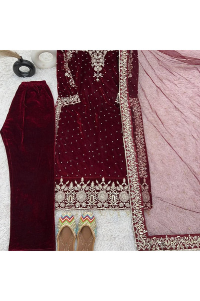 MYSMAR Maroon Viscose Velvet Kameez Salwar & Dupatta- HRT5586 | Maroon
